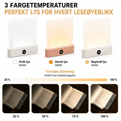 LeseLys™ - Boklampe, Oppladbar Klar LED Flat Leselampe