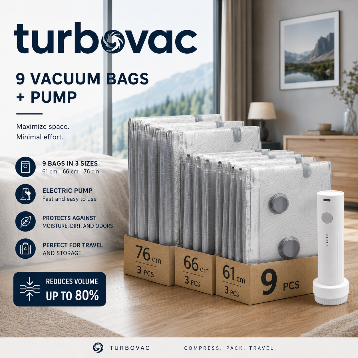 TurboVac Pro™ - 9 vakuumposer + oppladbar pumpe – perfekt for reise