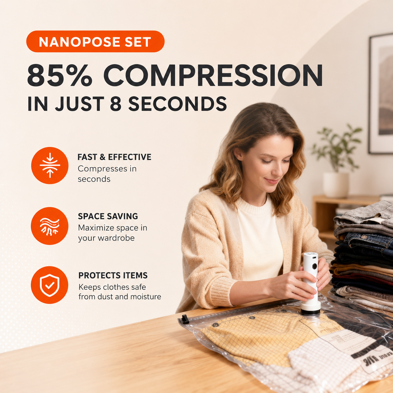 TurboVac Pro™ - 9 vakuumposer + oppladbar pumpe – perfekt for reise